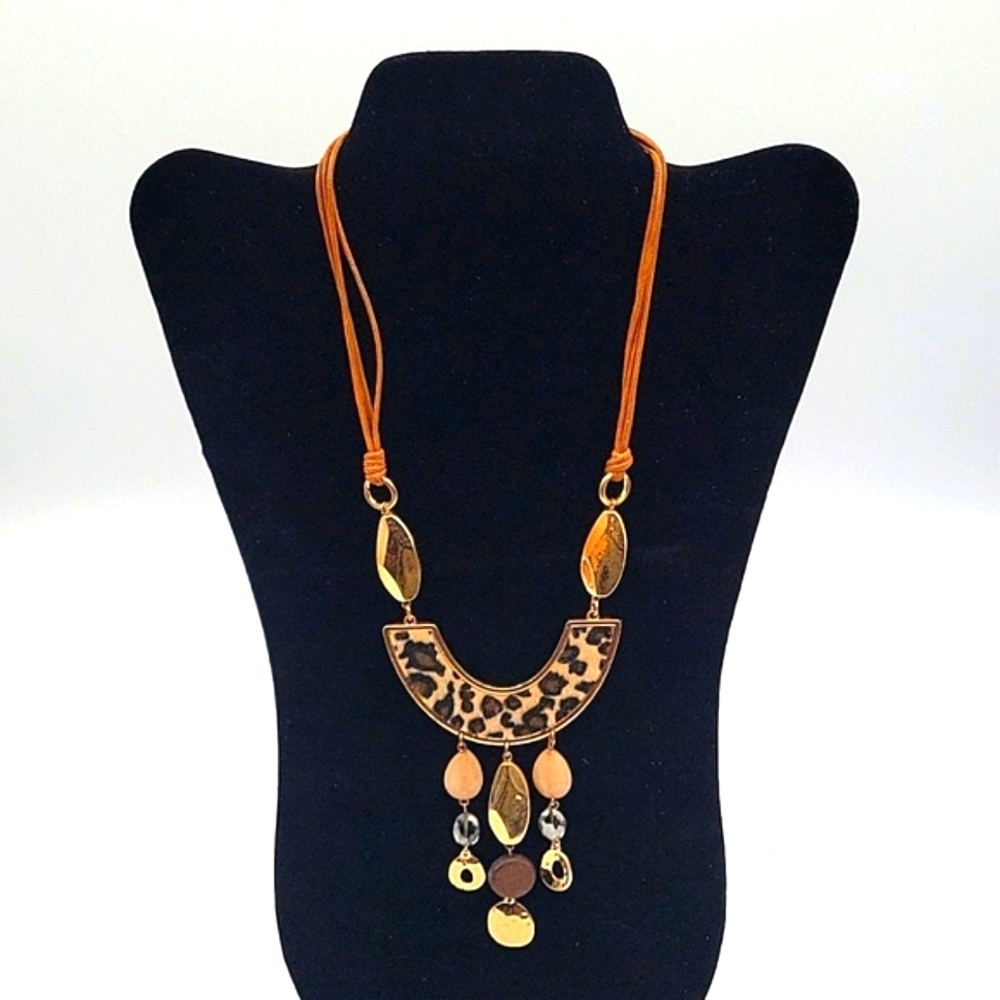 Vintage Statement Necklace Tan Faux Suede Animal Print